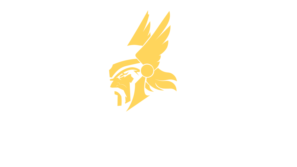 Logo de una cabeza de vikingo color amarillo y blanco.