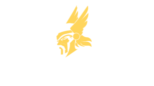 Logo de una cabeza de vikingo color amarillo y blanco.